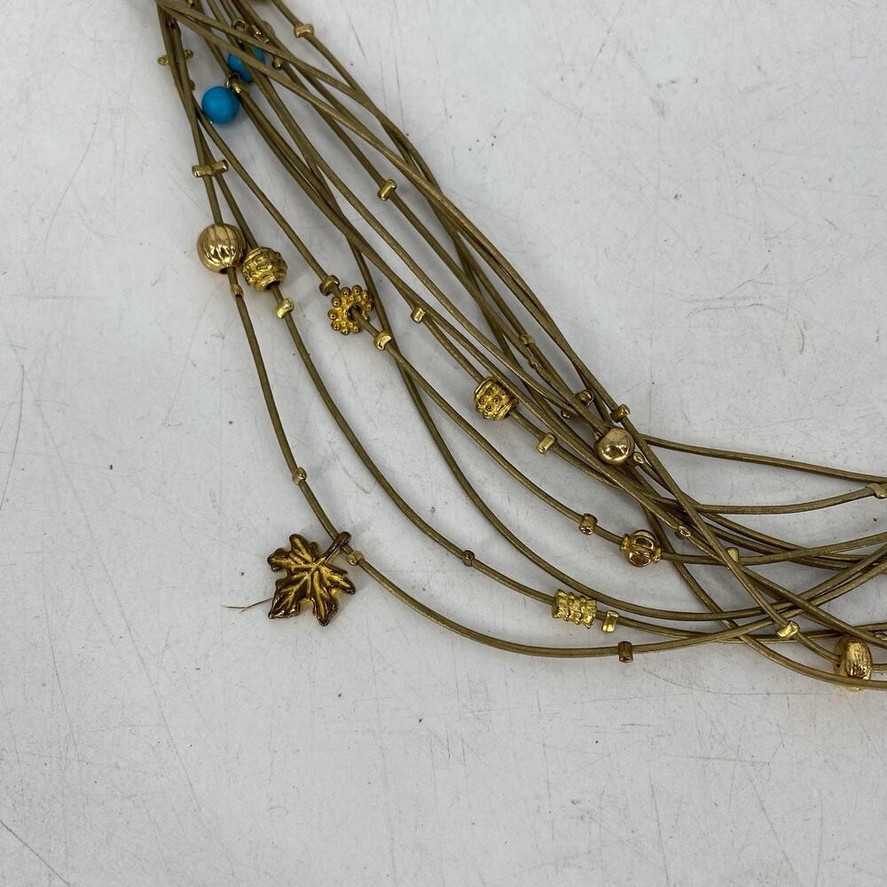 Vintage Multi Strand Charm Necklace Gold Tone Turquoise Beads Boho Layered - Picture 2 of 8